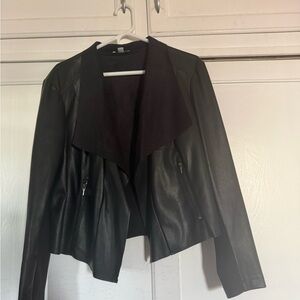 Bar III Black Leather Jacket with Draped Collar